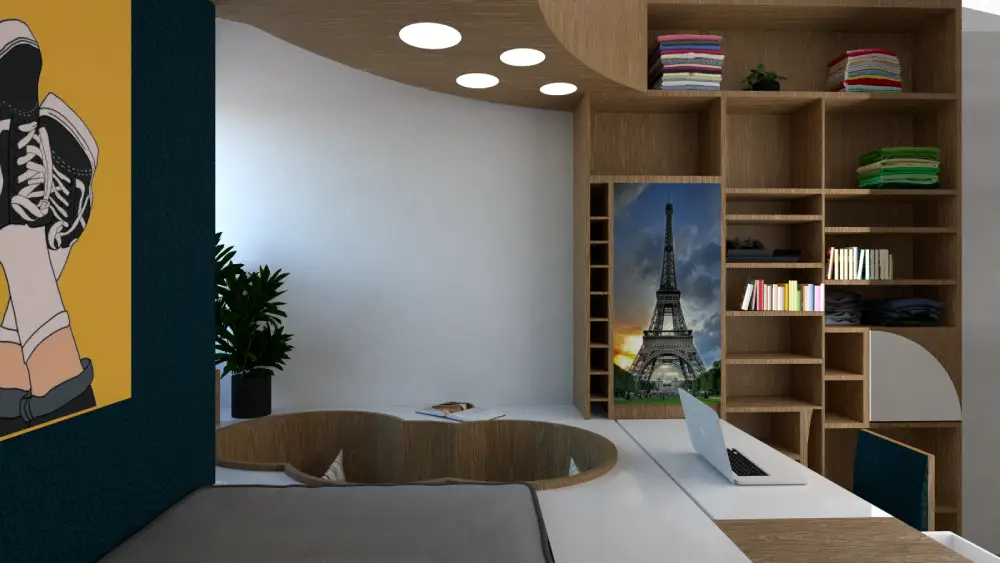 Chambre_Moderne Bureau moderne avec étagères et poster de la Tour Eiffel