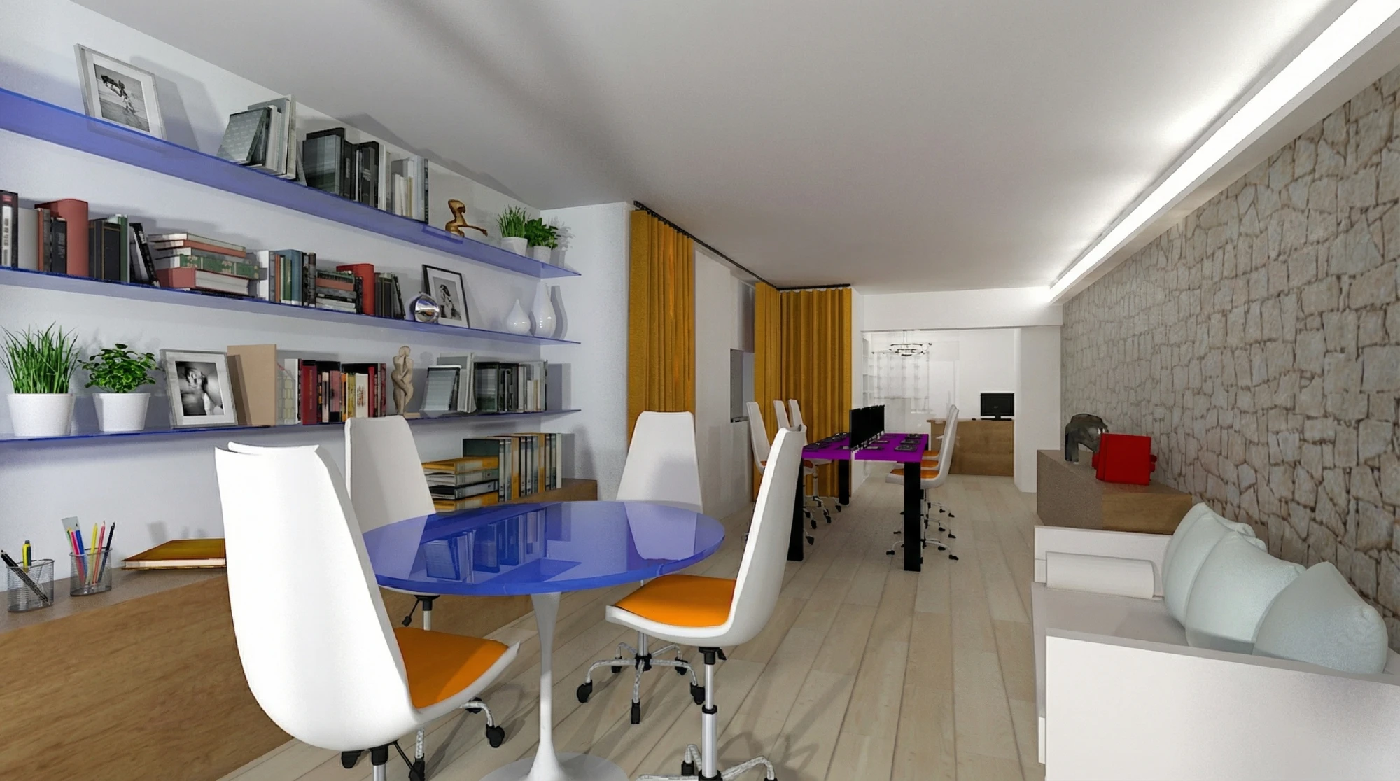 Rendu_3D_Bureau Bureau moderne avec étagères et chaises design