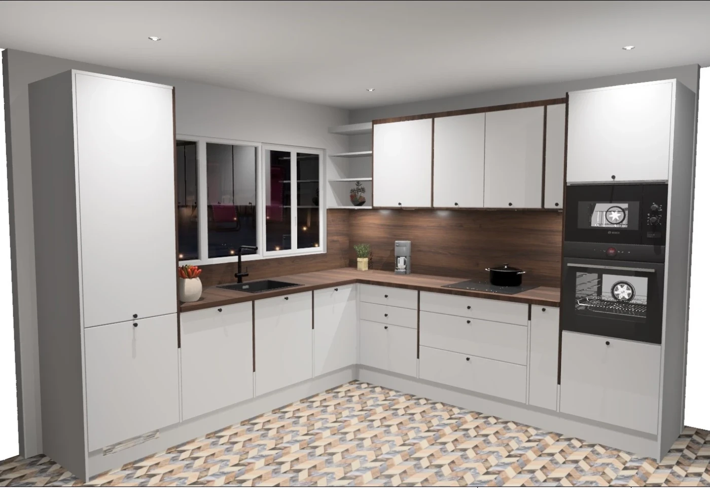 Rendu_3D_Cuisine Cuisine moderne en angle avec meubles blancs