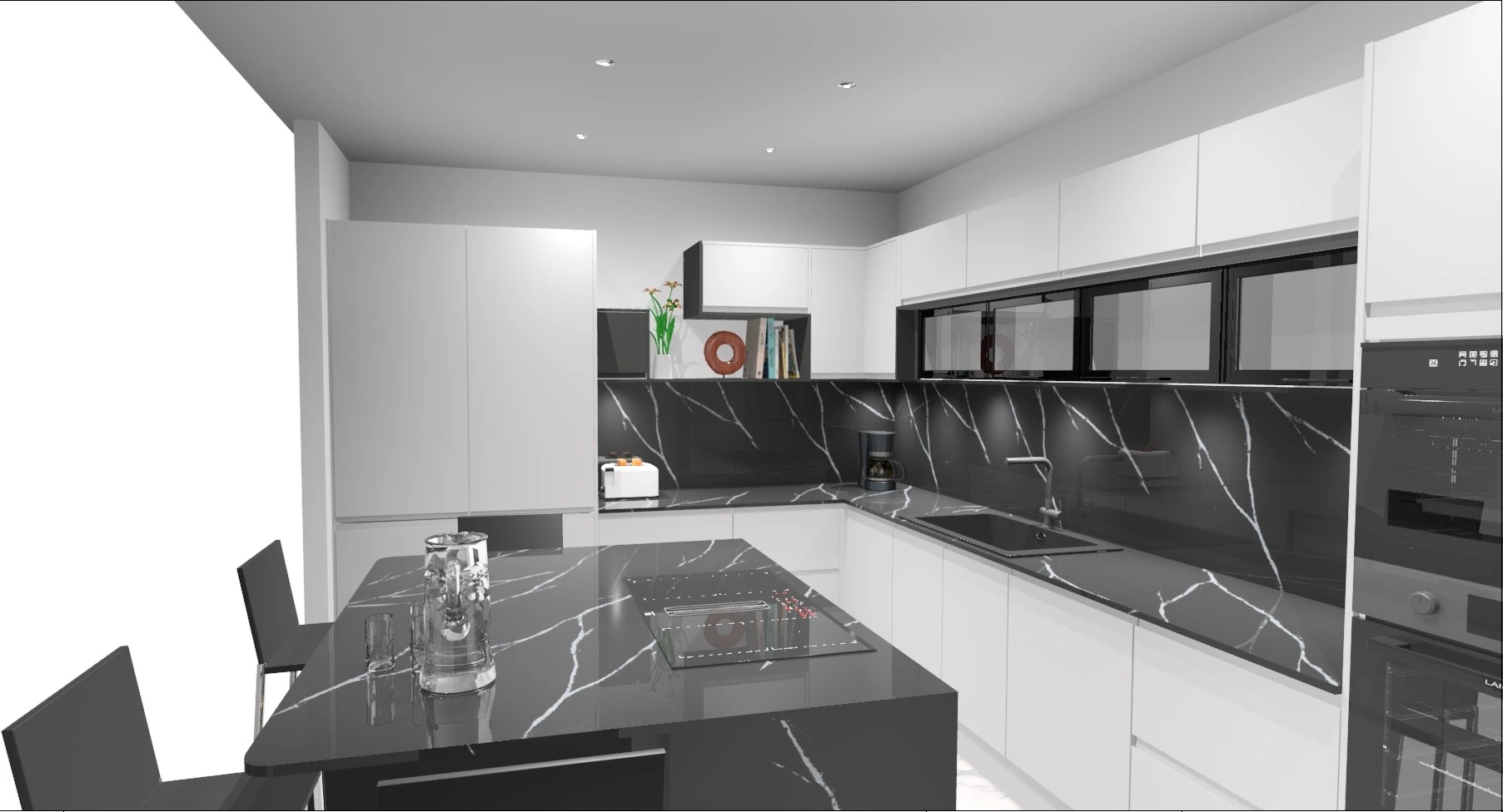 Rendu_3D_Cuisine_Marbre Cuisine moderne avec plan de travail en marbre noir