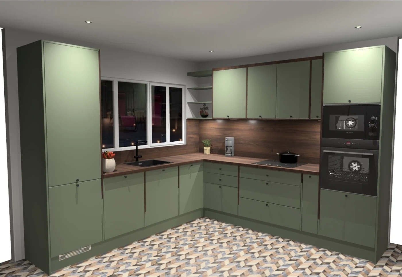 Rendu_3D_Cuisine_vert Cuisine moderne avec armoires vertes
