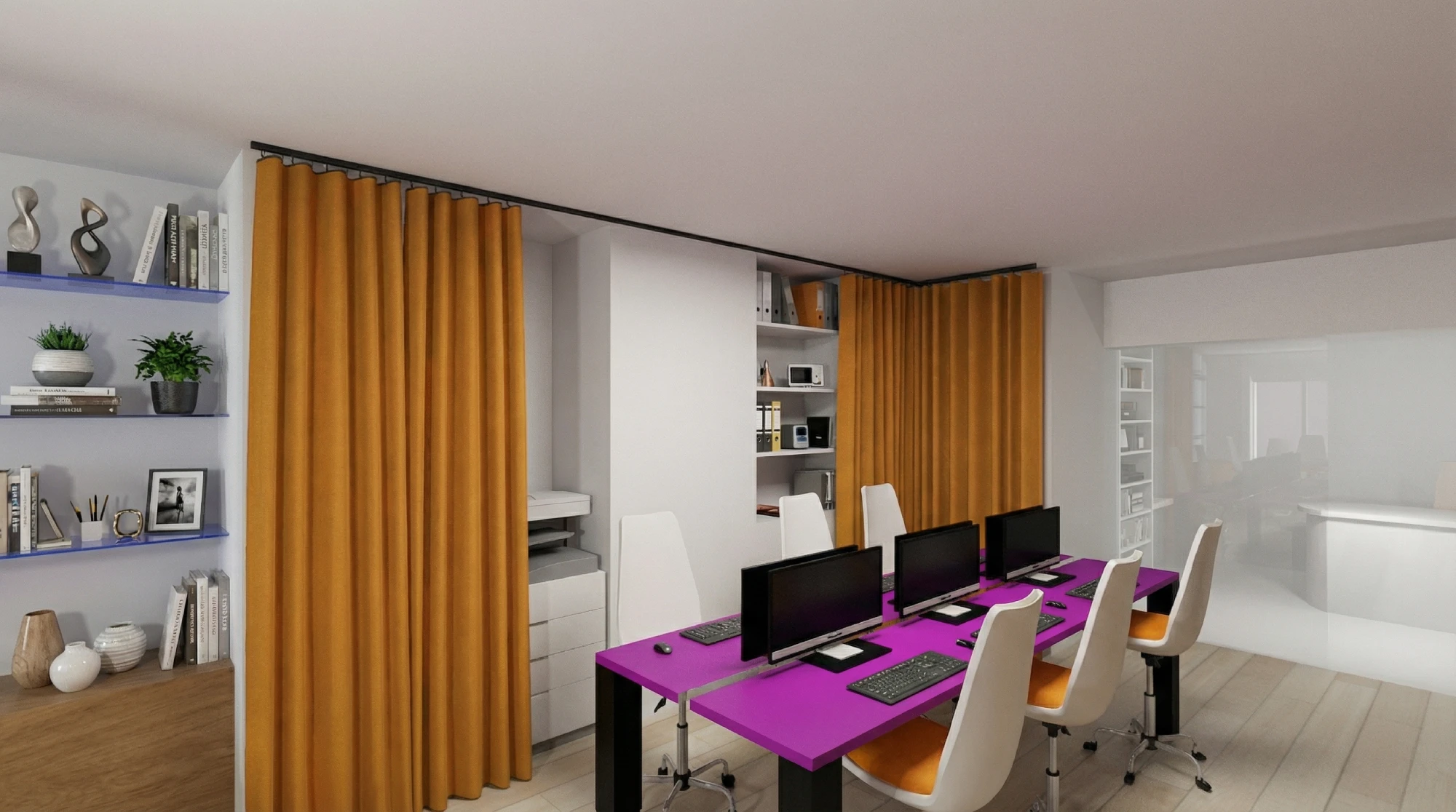 Rendu_3D_Espace_de_travail Bureau moderne avec rideaux orange et bureau violet