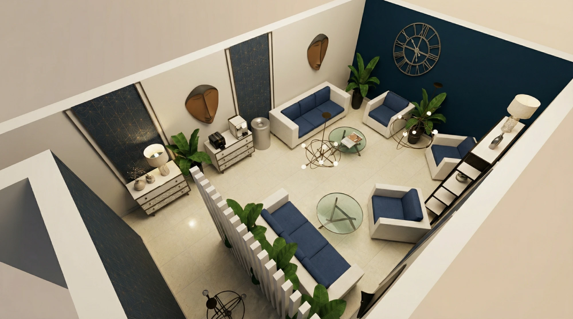Rendu_3D_Salon Salon moderne avec canapés bleus et plantes