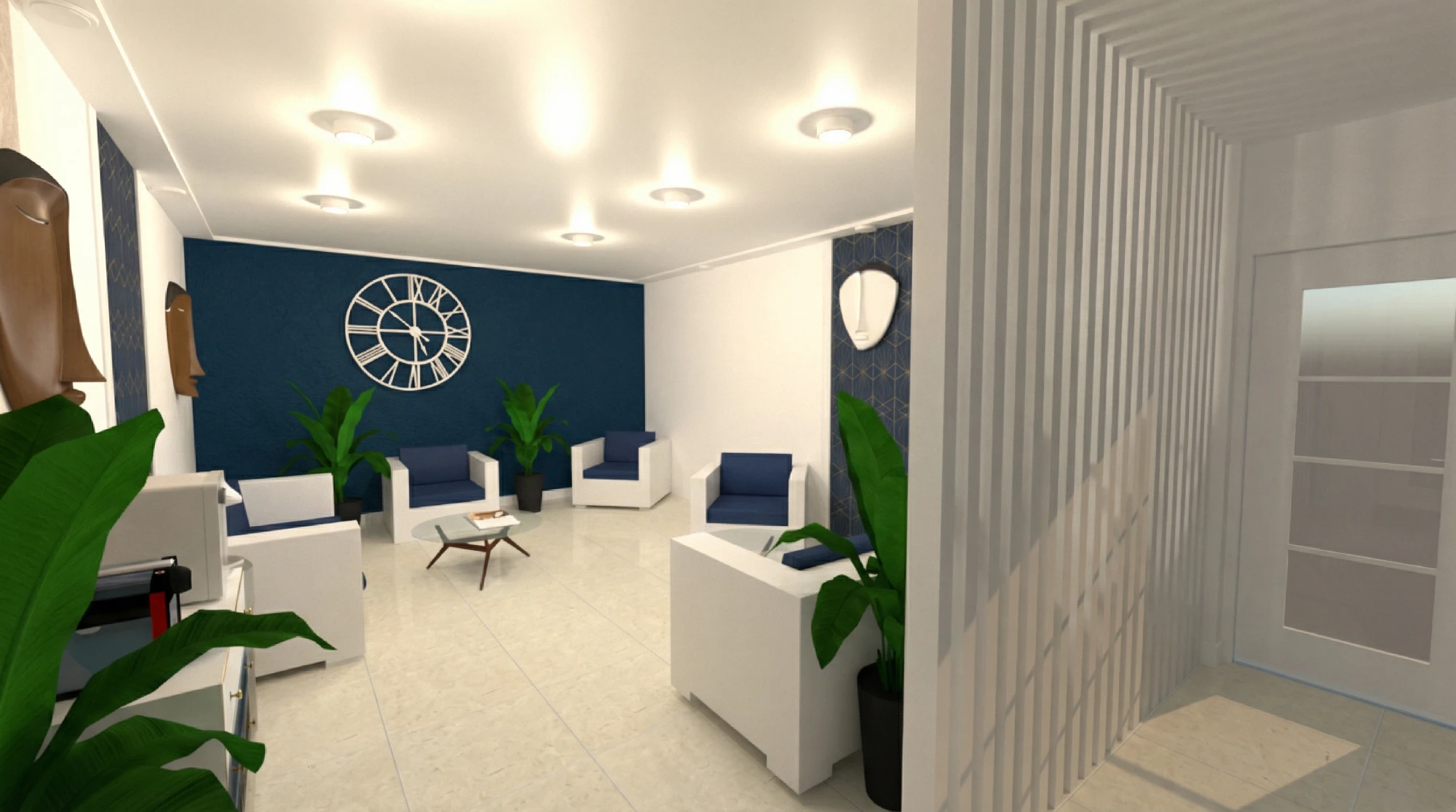 Rendu_3D_Salon_bleu Salon moderne avec fauteuils blancs et plantes