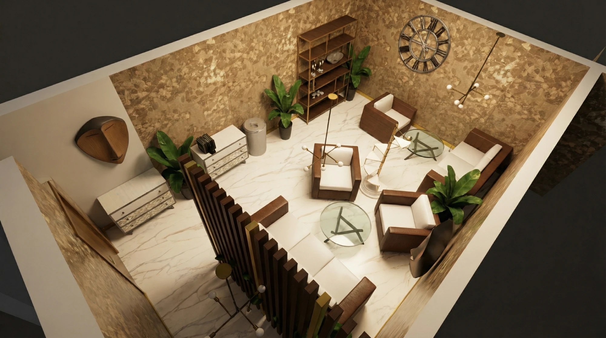 Rendu_3D_Salon_bois Salon moderne avec meubles en bois et plantes