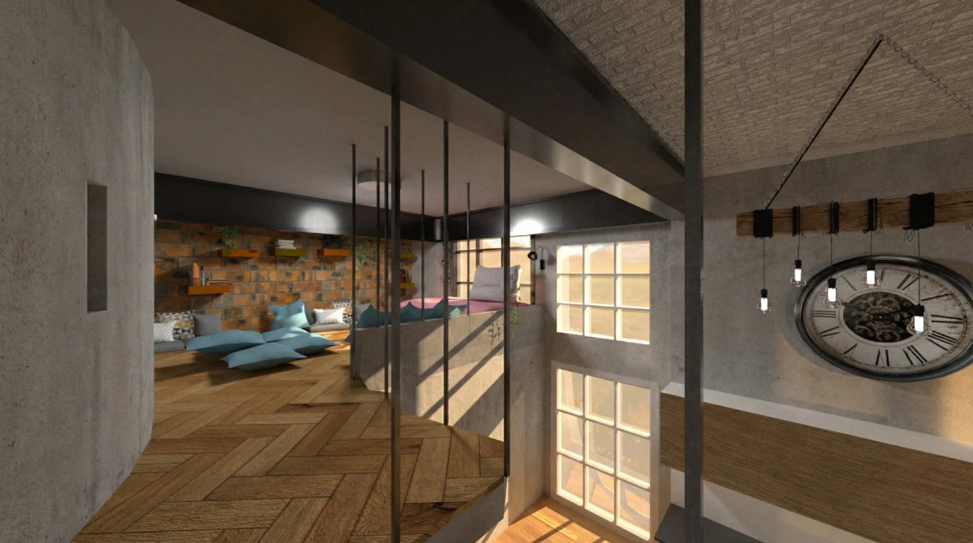 Vue_3D_Mezzanine Intérieur moderne avec parquet, coussins et horloge