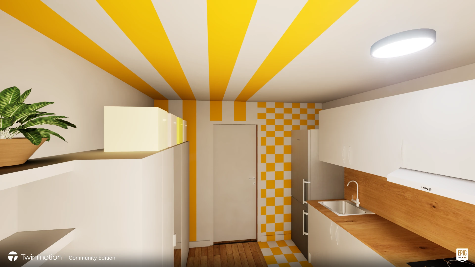 Maquette_3D_cuisine_jaune Cuisine moderne avec motifs jaunes