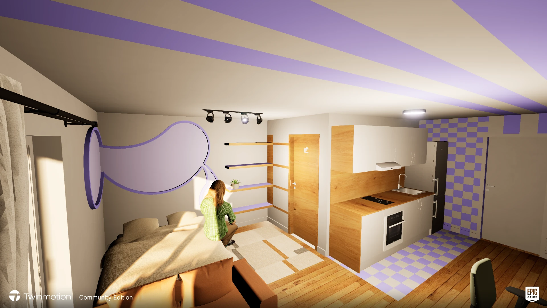 Maquette_3D_studio_violet Intérieur moderne avec cuisine et salon