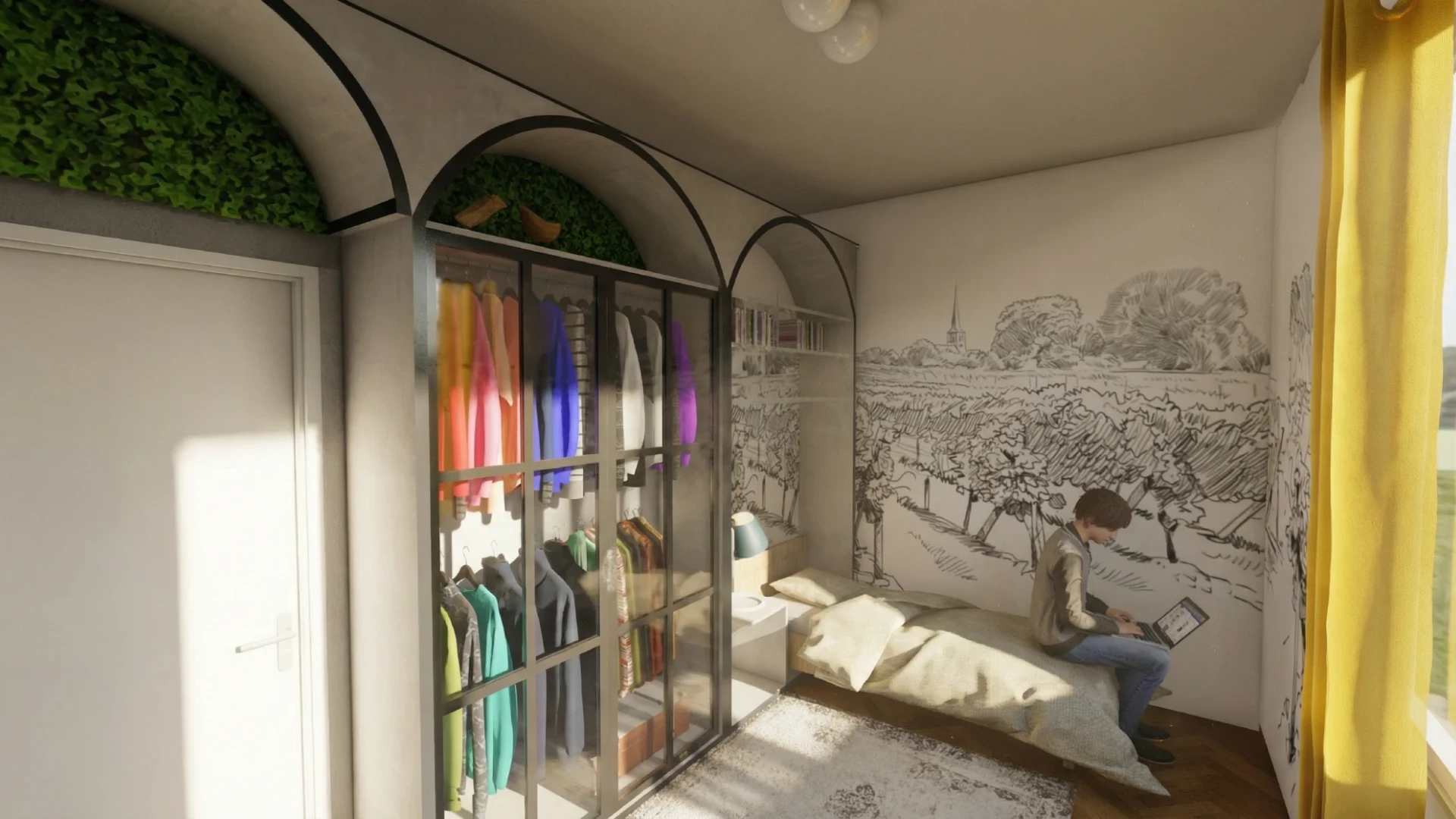 Vue_3D_chambre_photorealiste Chambre moderne avec armoire vitrée