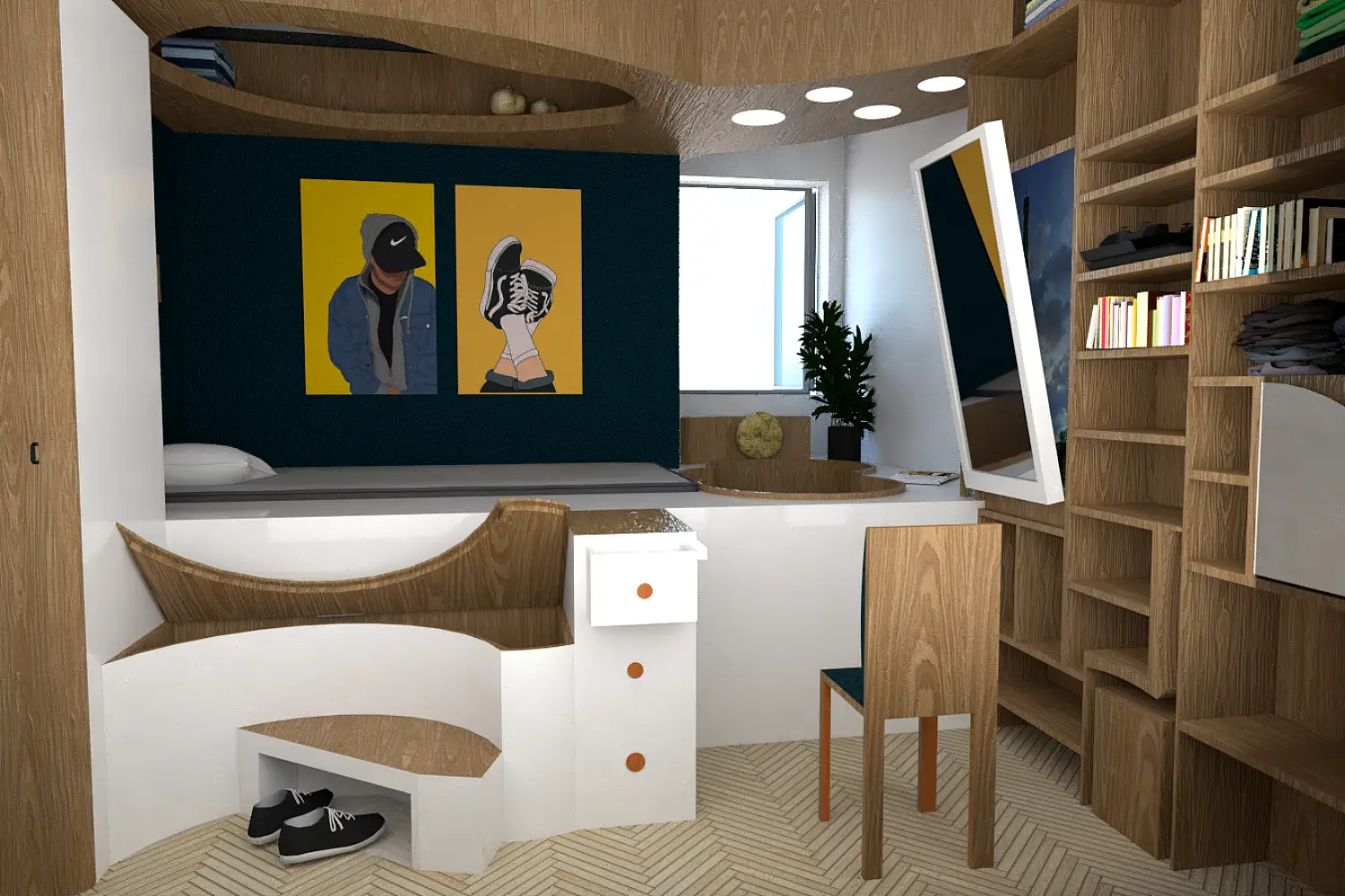 Chambre moderne avec meubles en bois
