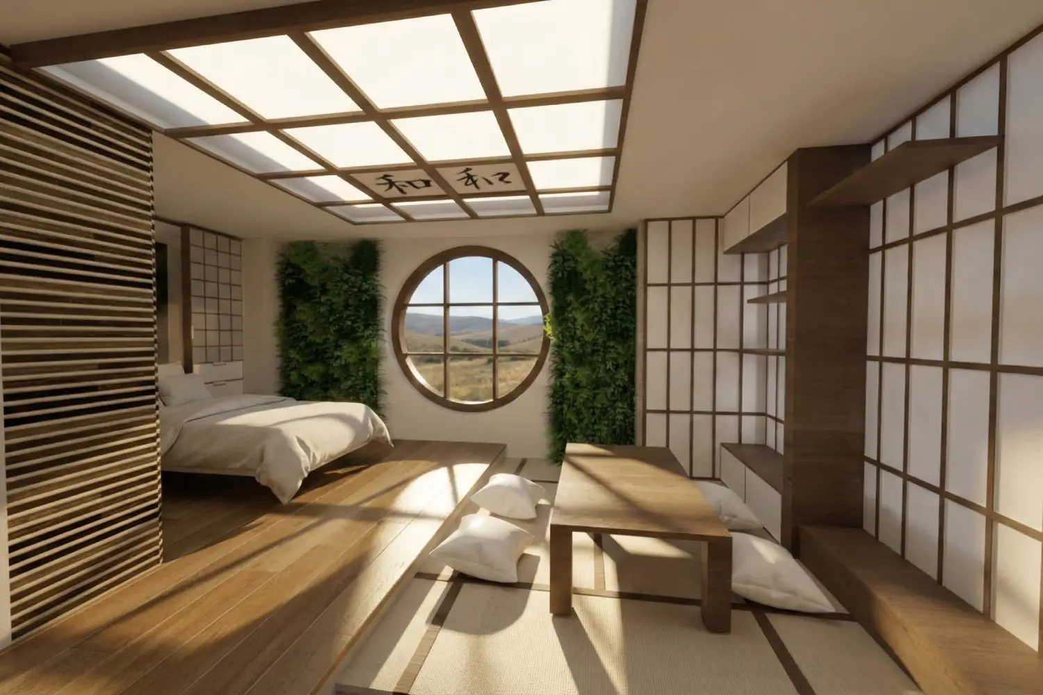 Chambre japonaise minimaliste avec fenêtre ronde